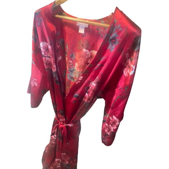 Serenada Red Satin Floral Belted Long Robe Sz 1X - Picture 3 of 7